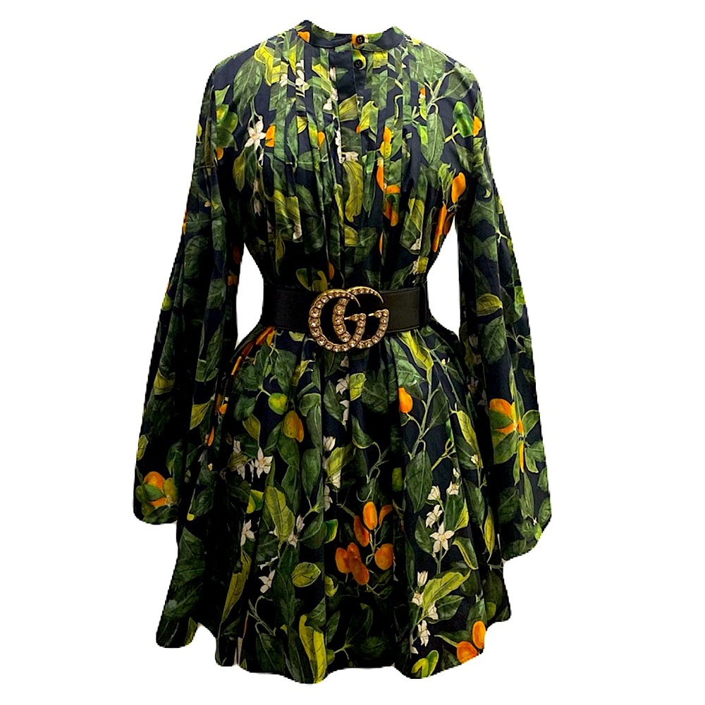 Oscar de la Renta Green Floral Pintuck Fortunella Mini Dress